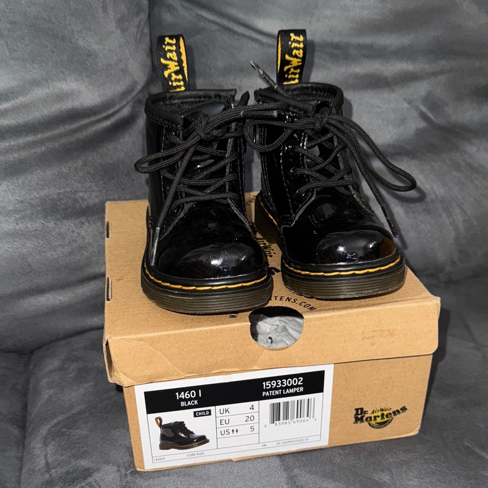 Dr. Martens Shiny Black Boots with Yellow Stitching for Toddlers